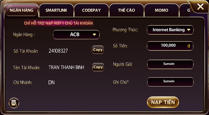 Hướng dẫn nạp và rút tiền Sunwin trong một nốt nhạc cho tân thủ